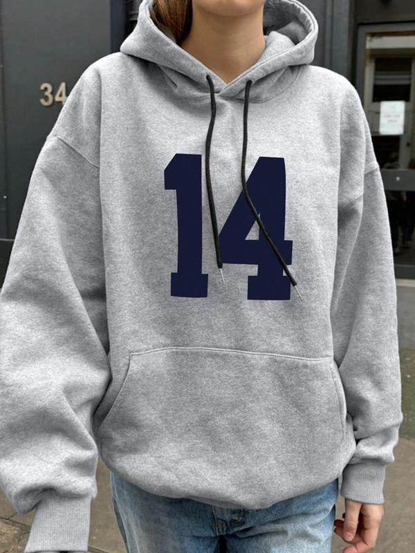 Women's Number Print Drop Shoulder Hoodie, Fashion Casual Drawstring Pocket Hooded Sweatshirt for Daily Holiday Outdoor...