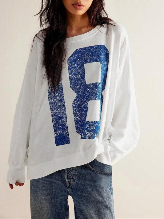 Women's Number Print Drop Shoulder Sweatshirt, Casual Long Sleeve Round Neck Pullover for Spring & Fall, Ladies Clothes...