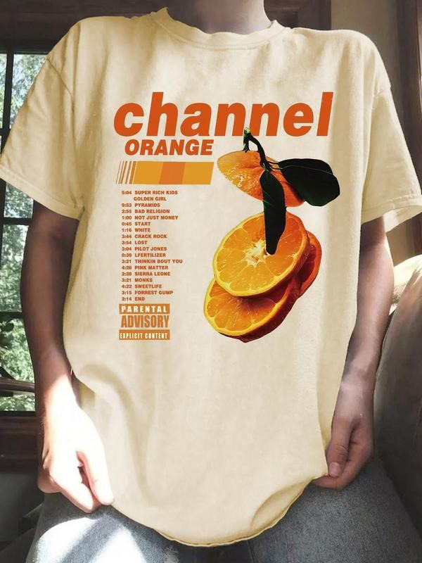 Women's Orange Graphic Round Neck Tee, Fashion Casual Loose Letter Print Short Sleeve T-shirt for Daily Wear, Ladies...