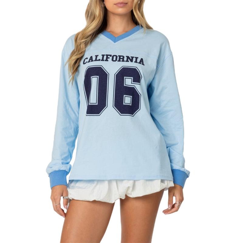 Women's Oversized Sweatshirt Number Letter Print Long Sleeve V-Neck Casual Pullover Tops Cotton Womenswear T-Shirts, Hoodie