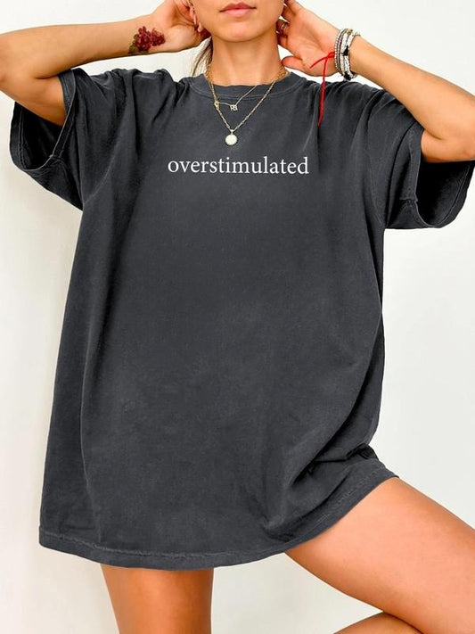 Women's Overstimulated Print Round Neck Tee, Casual Figure & Letter Print Short Sleeve T-shirt for Summer, Ladies Clothes...