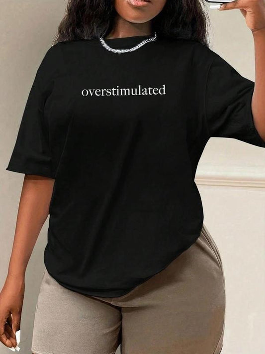Women's Overstimulated Print Round Neck Tee, Casual Short Sleeve Crew Neck T-Shirt for Daily Wear, Ladies Clothes for All...