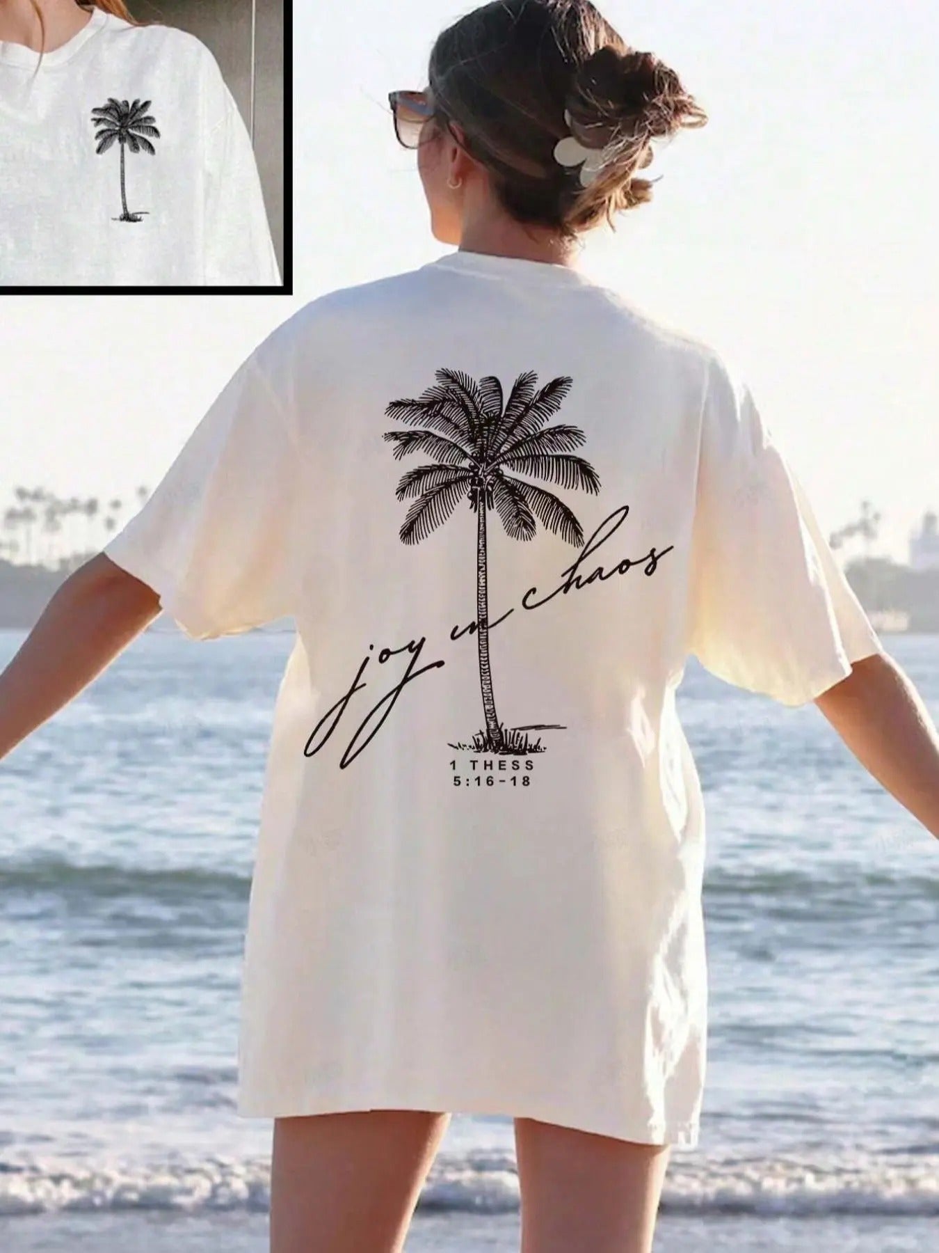 Women's Palm Tree & Letter Print Drop Shoulder Tee, Casual Half Sleeve Round Neck T-Shirt for Summer, Ladies Clothes for...