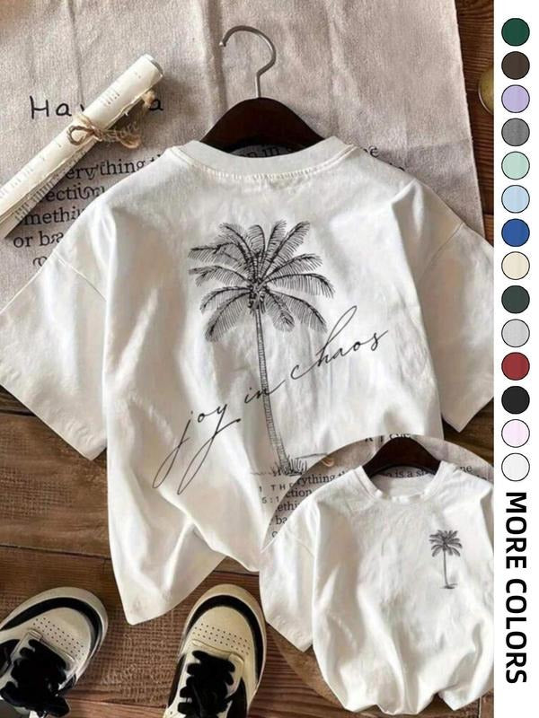 Women's Palm Tree Print Round Neck Tee, Casual Letter Graphic Short Sleeve T-shirt for Summer, Ladies Clothes for Daily...