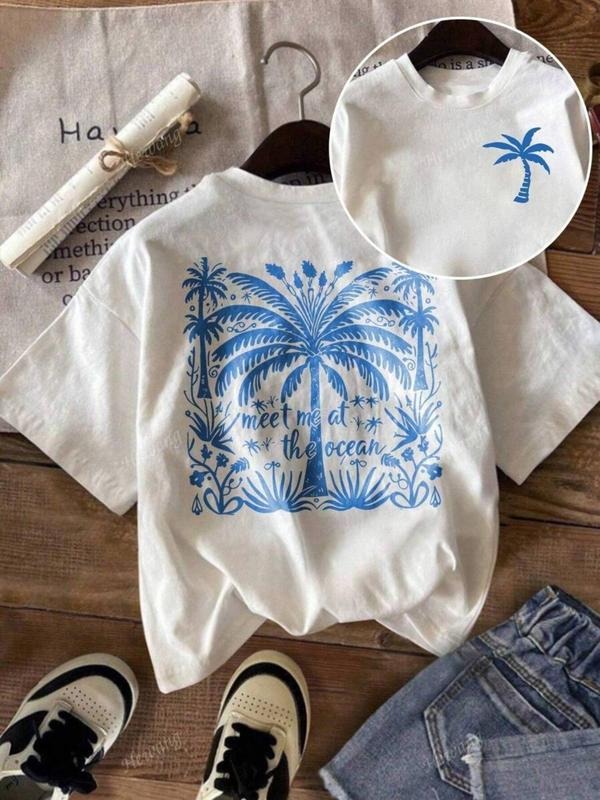 Women's Palm Tree Print Round Neck Tee, Casual Short Sleeve Crew Neck T-Shirt for Summer, Fashion Women's Top for Daily...