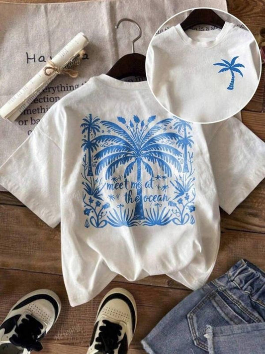 Women's Palm Tree Print Round Neck Tee, Casual Short Sleeve Crew Neck T-Shirt for Summer, Fashion Women's Top for Daily...