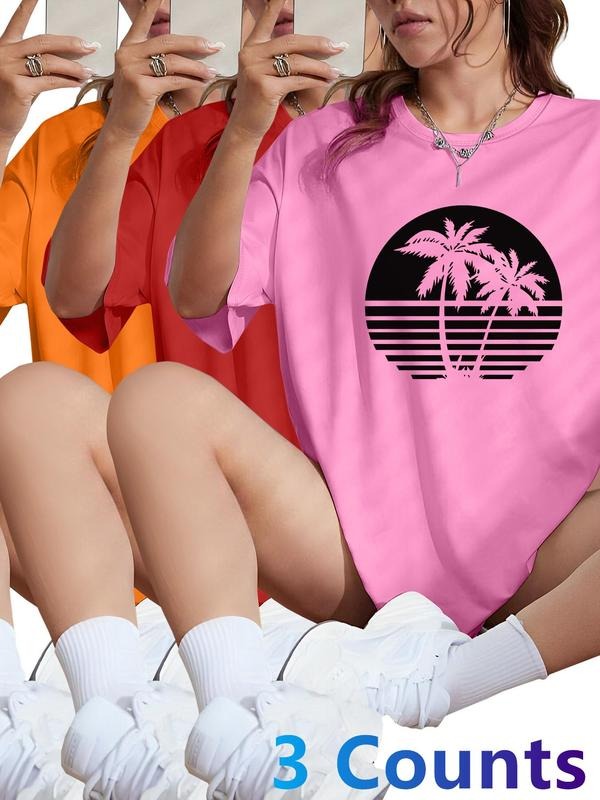 Women's Palm Tree Print Round Neck Tee, Casual Short Sleeve T-shirt for Daily Wear, Ladies Clothes for All Seasons, Top...