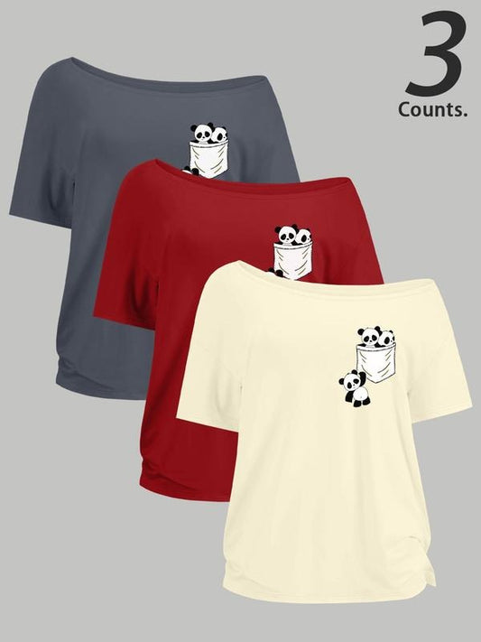 Women's Panda Print One Shoulder Tee, Casual One Shoulder Short Sleeve T-shirt for Daily Wear, Ladies Clothes for All...