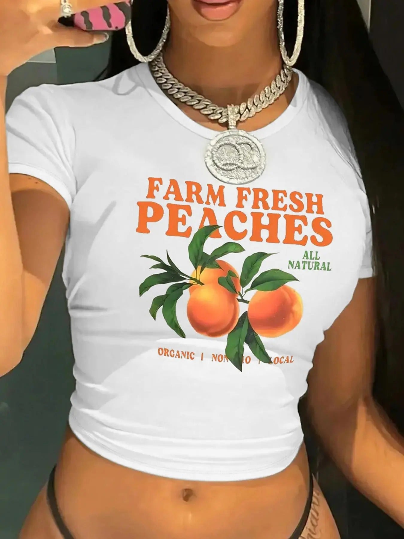 Women's Peach & Letter Print Round Neck Tee, Casual Short Sleeve Crew Neck T-shirt for Summer, Fashion Women's Top for...