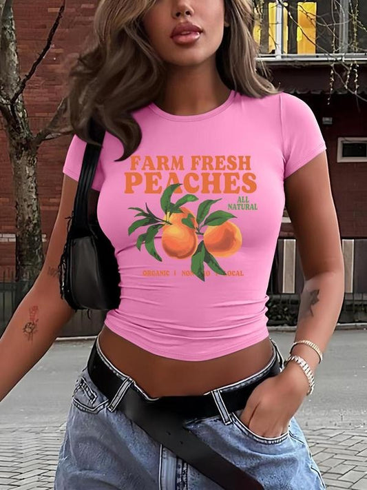 Women's Peach Print Round Neck Crop Tee, Casual Short Sleeve Crew Neck T-shirt for Daily Wear, Ladies Clothes for All...