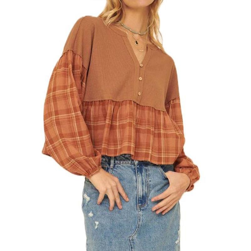 Women's Peplum Blouse Plaid Print Patchwork Lantern Long Sleeve V-Neck Button Shirt Top Womenswear Hoodie, Sweatshirt