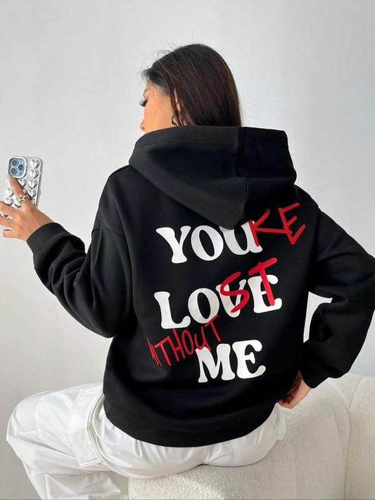 Women's Personalized Letter Print Drop Shoulder Drawstring Hoodie, Comfort Soft Long Sleeve Womenswear, Pocket Hooded...