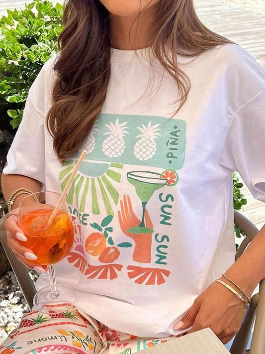Women's Pineapple & Cocktail Print Round Neck Tee, Casual Short Sleeve T-shirt for Summer, Ladies Clothes for Daily Wear,...