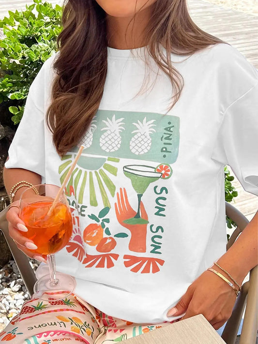 Women's Pineapple Print Round Neck Tee, Casual Fruit Graphic Short Sleeve T-shirt for Daily Wear, Ladies Clothes for All...