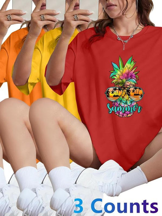 Women's Pineapple Print Round Neck Tee, Casual Short Sleeve Crew Neck T-shirt for Summer, Fashion Women's Top for Daily...