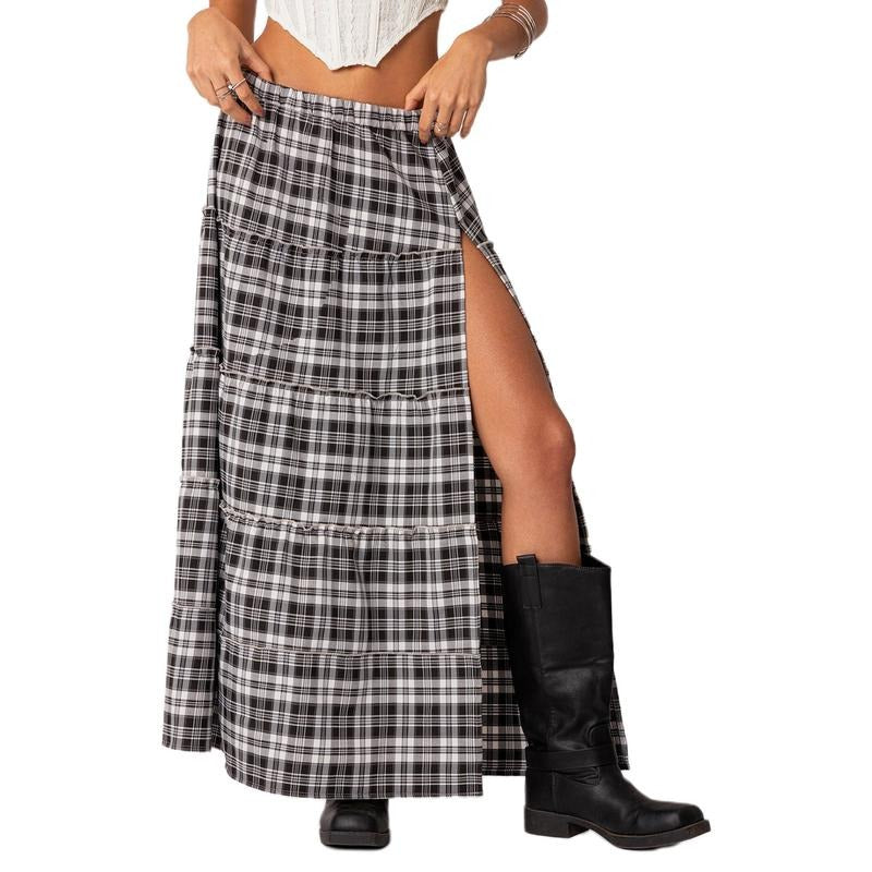 Women's Plaid Long Skirts Vintage Elastic Waist Side Slit Tiered Midi Skirts Casual Flowy Skirts Womenswear Bottom...
