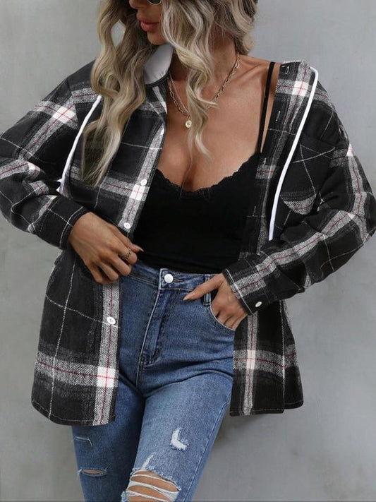 Women's Plaid Print Button Front Drawstring Hooded Shirt, Casual Drop Shoulder Long Sleeve Pocket Outerwear for Fall &...