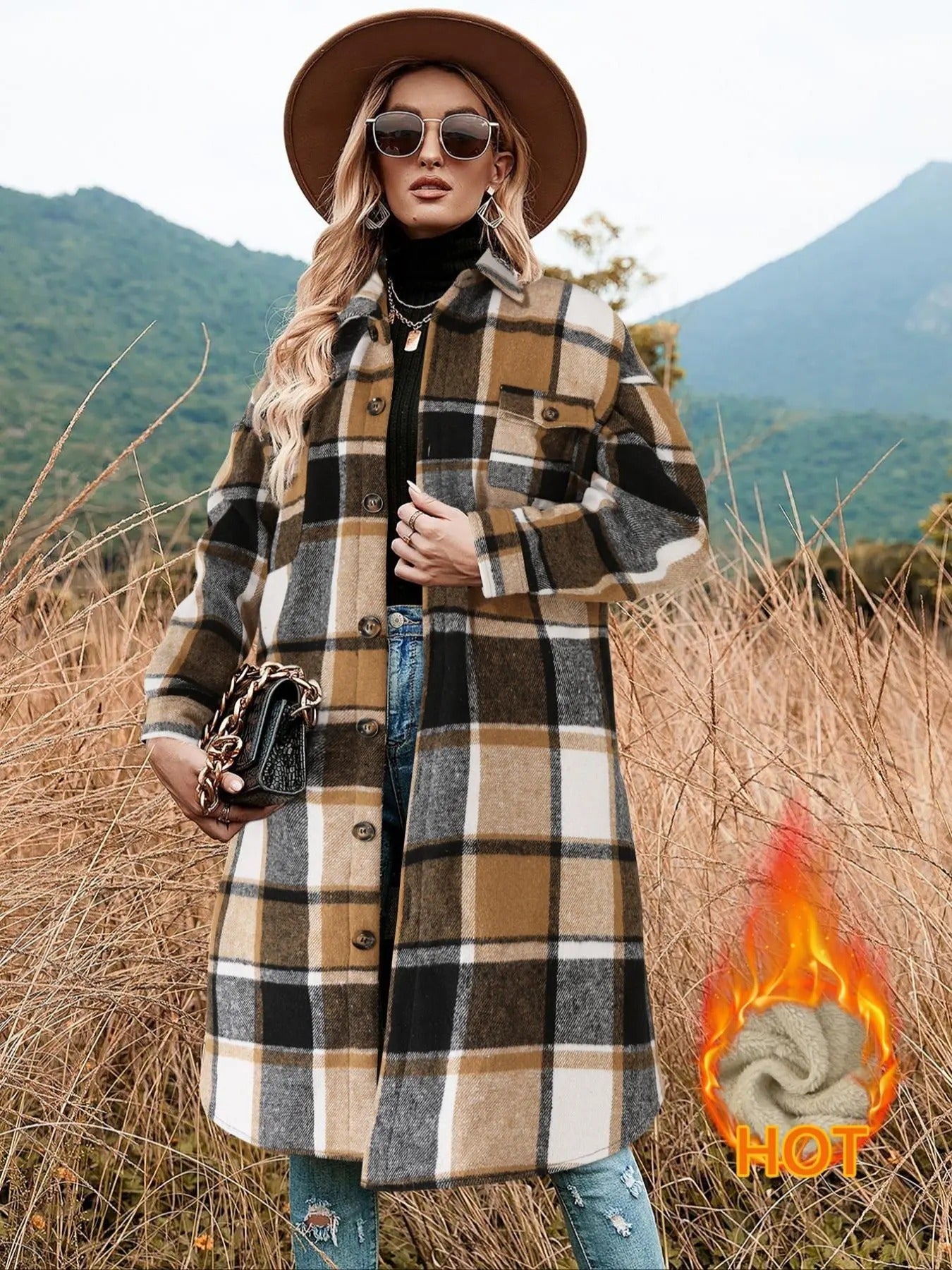 Women's Plaid Print Button Front Drop Shoulder Coat, Casual Long Sleeve Collared Outerwear for Fall & Winter, Ladies...