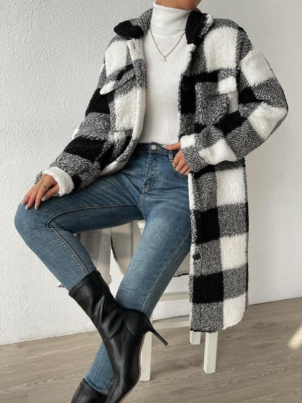 Women's Plaid Print Button Front Flap Detail  Coat, Casual Long Sleeve Collared Outerwear for Fall & Winter, Women's...