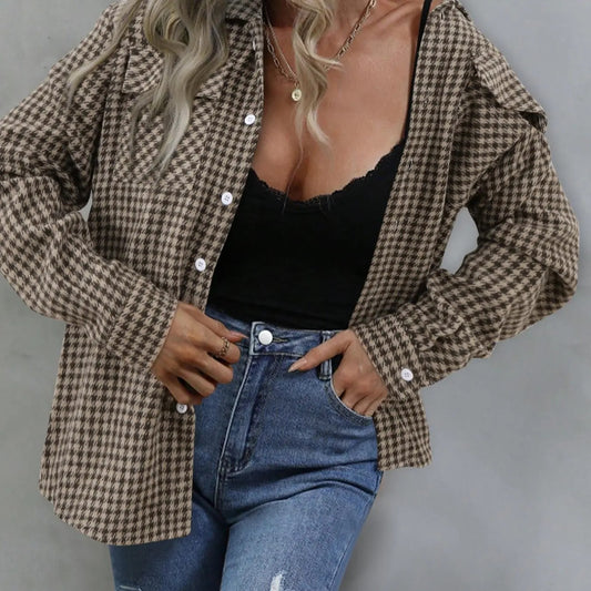 Women's Plaid Print Button Front Pocket Shirt, Casual Long Sleeve Collared Top for Fall & Winter, Women's Clothes for...