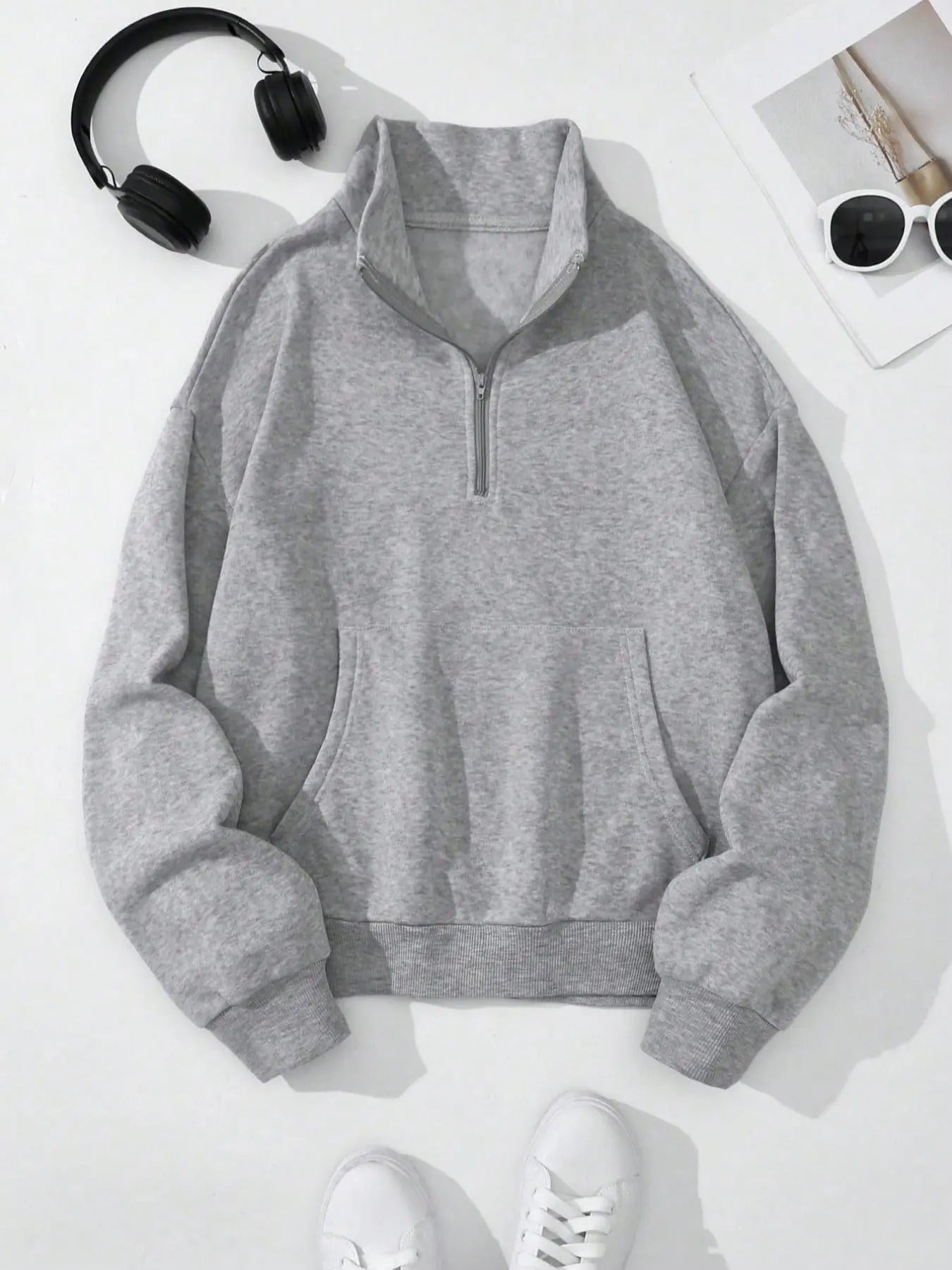 Women's Plain Drop Shoulder Zip Up Fuzzy Sweatshirt, Casual Long Sleeve Stand Collar Pullover for Spring & Fall, Ladies...