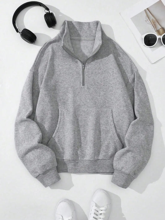 Women's Plain Drop Shoulder Zip Up Fuzzy Sweatshirt, Casual Long Sleeve Stand Collar Pullover for Spring & Fall, Ladies...