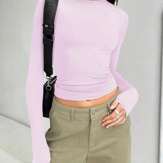 Women's Plain Long Sleeve Round Neck Tee, Casual Solid Crew Neck T-shirt for Daily Wear, Ladies Clothes for All Seasons...