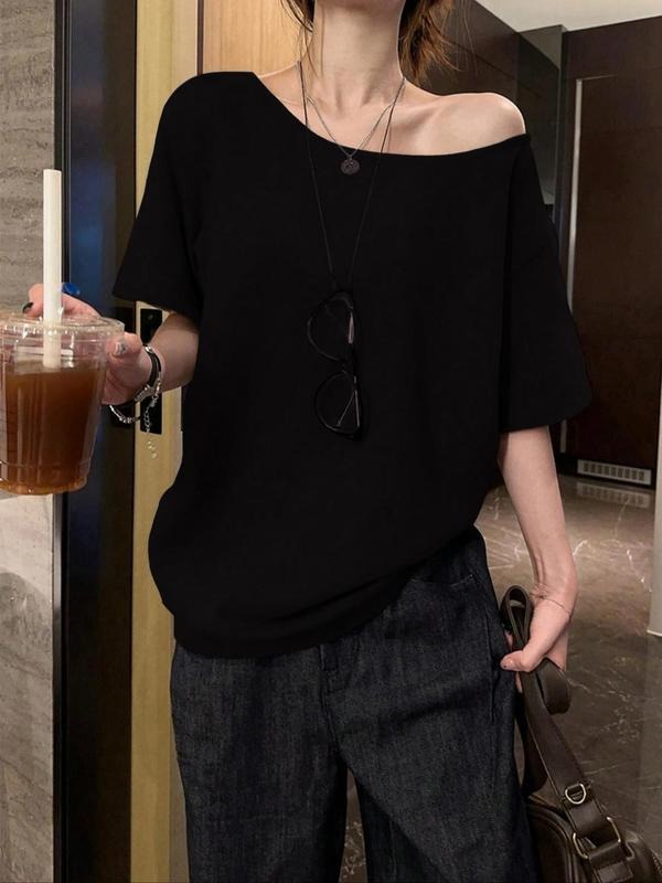 Women's Plain Off Shoulder Tee, Casual Curved Hem T-shirt for Summer, Women's Top for Daily Wear Hoodie, Sweatshirt