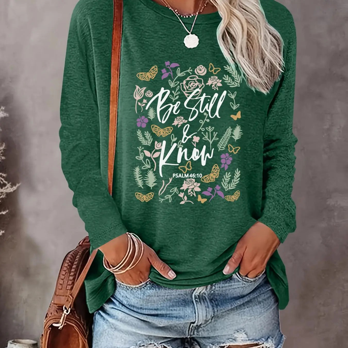 Women's Plants & Letter Print Round Neck Tee, Casual Long Sleeve Crew Neck Top for Fall & Winter, Women's Clothing for...