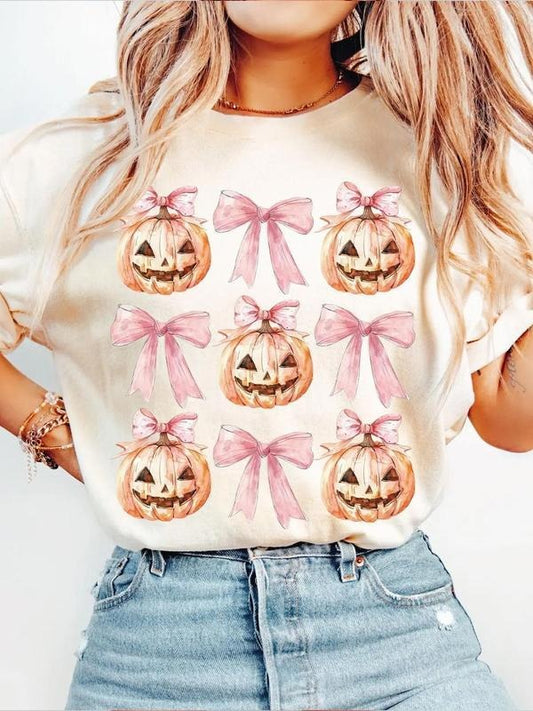 Women's Pumpkin & Bow Print  Round Neck Shirt, Halloween Sweatshirt, Halloween tee, Unisex Classic Cotton with Graphic...