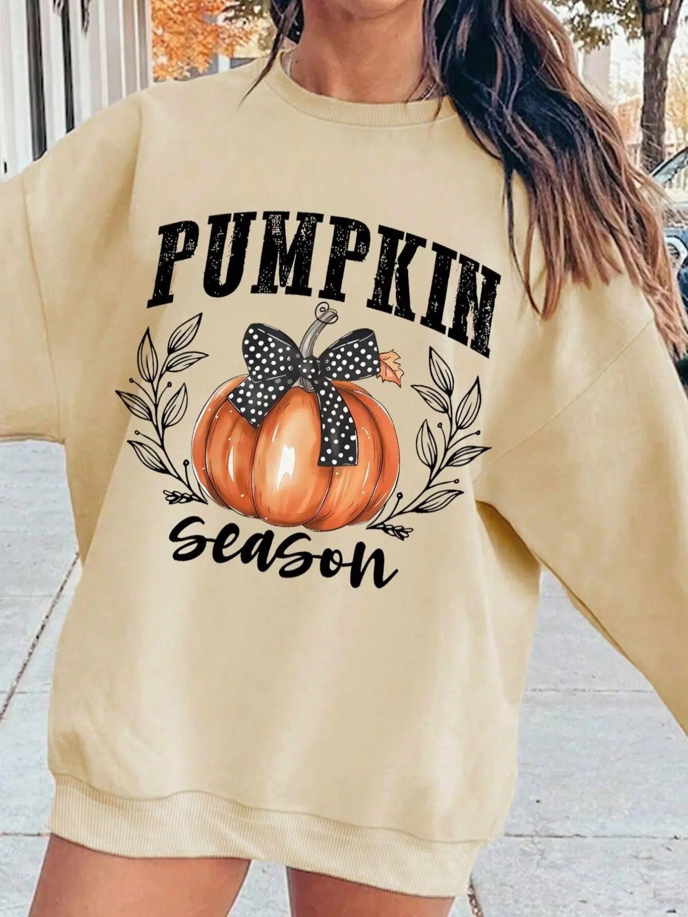 Women's Pumpkin & Letter Print Drop Shoulder Sweatshirt, Casual Long Sleeve Round Neck Pullover for Fall & Winter, Ladies...