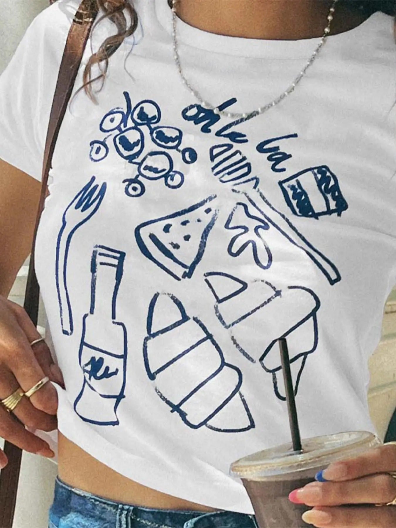 Women's Random Food Print Round Neck Tee, Casual Short Sleeve Crew Neck T-Shirt for Daily Wear, Ladies Clothes for All...