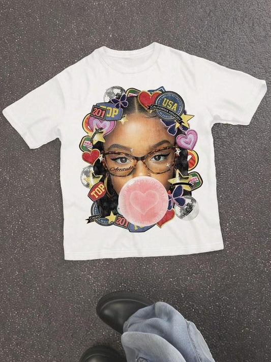 Women's Random Print Round Neck Graphic Tee, Fashion Casual Crew Neck T-Shirt for Daily Holiday Vacation Outdoor Wear,...
