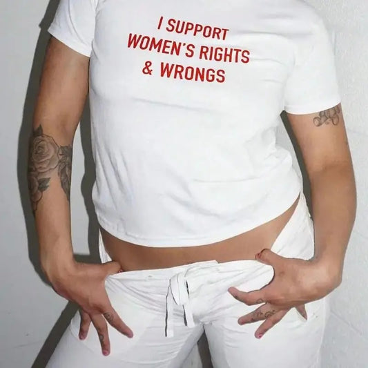 Women's Rights & Wrongs Print Crop T-shirt, Casual Crew Neck Short Sleeve Top For Spring & Summer, Women's Clothing...