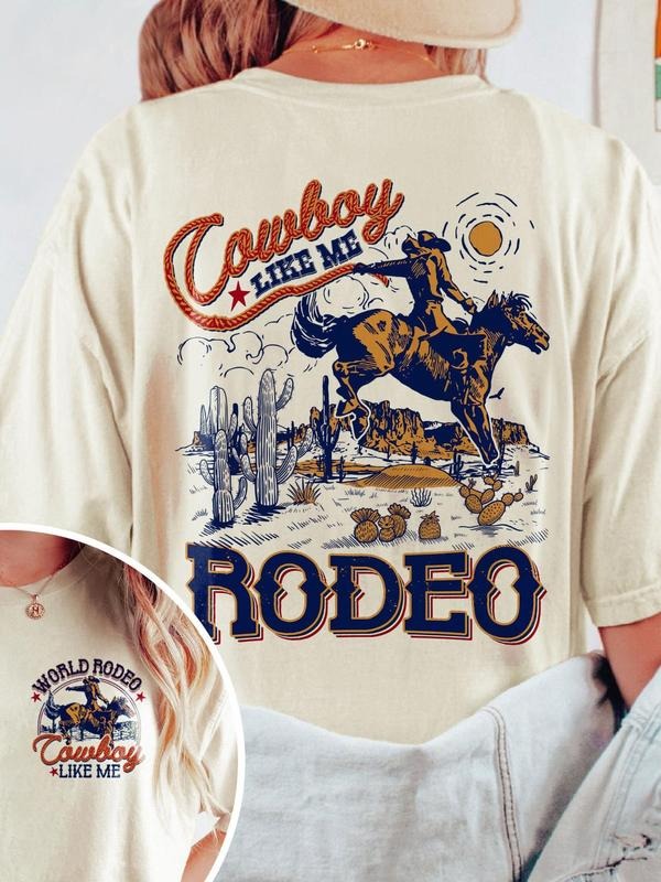 Women's Rodeo & Landscape & Letter Print Round Neck Graphic Tee, Vintage Trendy Casual Drop Shoulder Short Sleeve T-shirt...