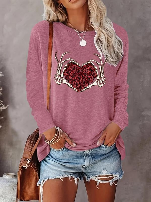Women's Rose Print Round Neck Tee, Casual Long Sleeve Crew Neck Top for Fall & Winter, Women's Top for Daily Wear Hoodie,...
