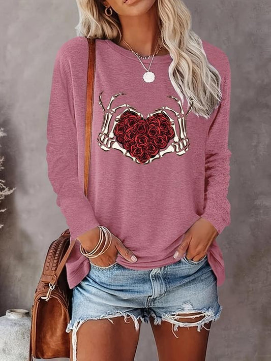 Women's Rose Print Round Neck Tee, Casual Long Sleeve Crew Neck Top for Fall & Winter, Women's Top for Daily Wear Hoodie,...