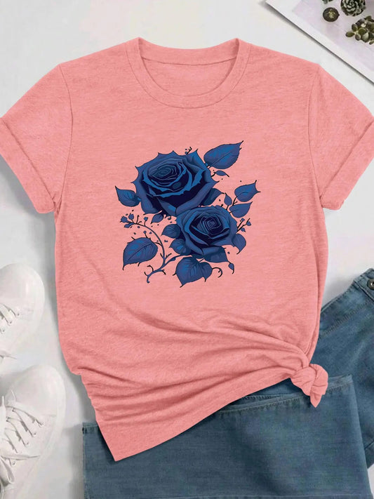 Women's Rose Print Round Neck Tee, Casual Short Sleeve Crew Neck T-shirt for Daily Wear, Ladies Clothes for All Seasons...