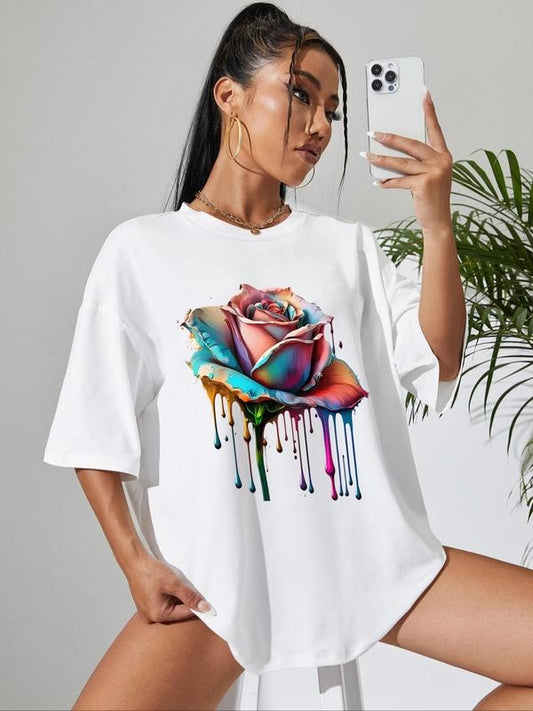 Women's Rose Print Round Neck Tee, Fashion Casual Drop Shoulder Half Sleeve T-shirt for Daily Outdoor Wear, Ladies...