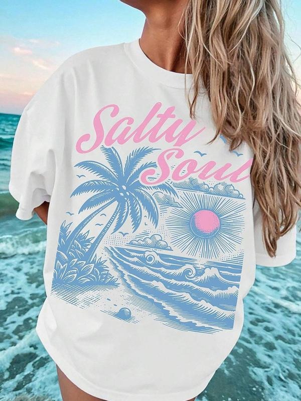 Women's Salty Soul Round Neck Graphic Tee, Vintage Trendy Casual Short Sleeve T-shirt for Daily Wear, Ladies Summer...
