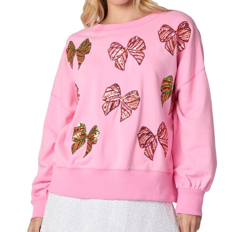 Women's Sequins Oversized Sweatshirt Bow Drop Shoulder Long Balloon Sleeve Round Neck Casual Tops T-Shirts, Hoodie