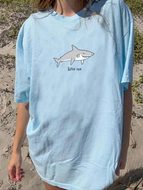 Women's Shark & Letter Print Drop Shoulder Tee, Cute Crew Neck Half Sleeve T-Shirt, Ladies Clothes for Daily Wear Hoodie,...