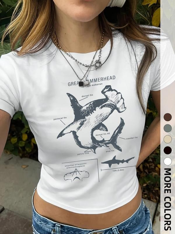 Women's Shark & Letter Print Round Neck Short Tee, Casual Short Sleeve  T-shirt for Summer, Ladies Clothes for Daily Wear...
