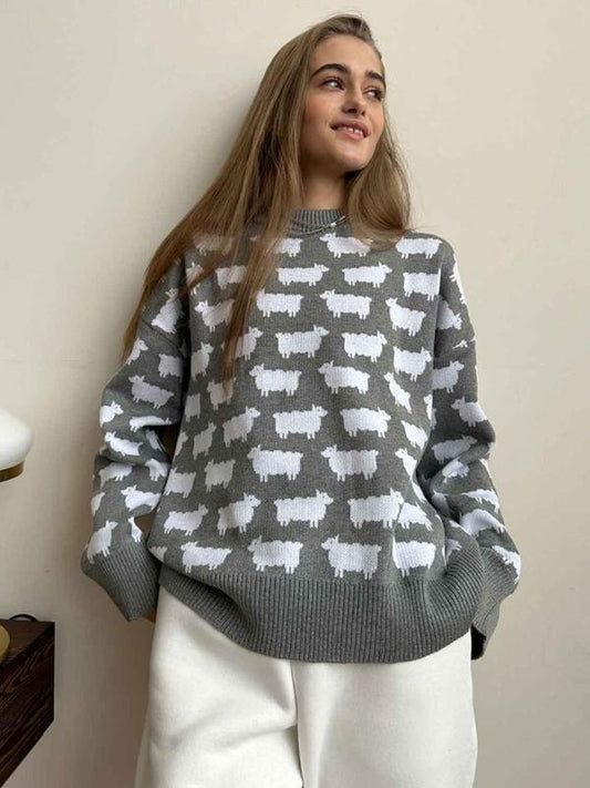 Women's Sheep Print Drop Shoulder Sweater, Casual Long Sleeve Round Neck Jumper for Fall & Winter, Fashion Ladies'...