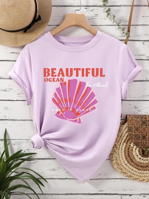 Women's Shell & Letter Print Round Neck Graphic Tee, Vintage Trendy Casual Short Sleeve T-shirt for Daily Wear, Ladies...