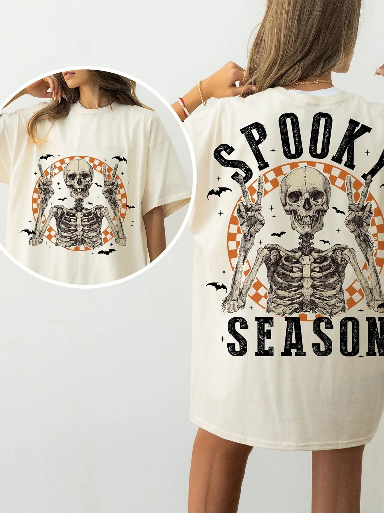 Women's Skeleton & Bat Print Drop Shoulder Tee, Casual Half Sleeve Round Neck T-Shirt for All Seasons, Women's Top for...