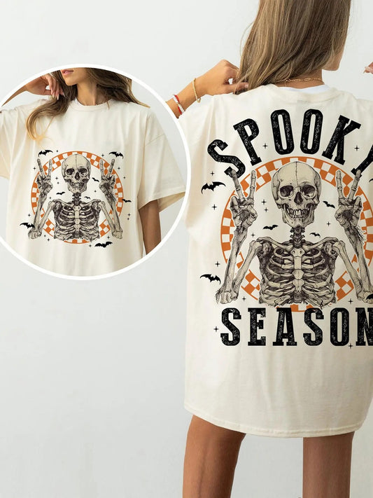 Women's Skeleton & Bat Print Drop Shoulder Tee, Casual Half Sleeve Round Neck T-Shirt for All Seasons, Women's Top for...
