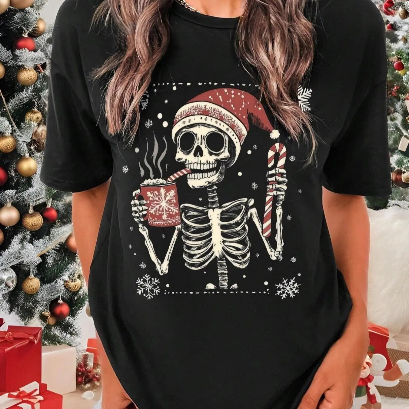 Women's Skeleton & Coffee Print Drop Shoulder Tee, Casual Letter Graphic Short Sleeve Round Neck T-Shirt for Fall &...