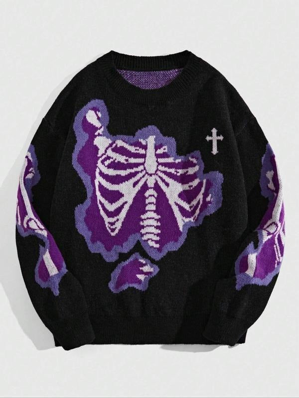 Women's Skeleton & Cross Print Drop Shoulder Sweater, Casual Long Sleeve Round Neck Jumper for Fall & Winter, Women's...