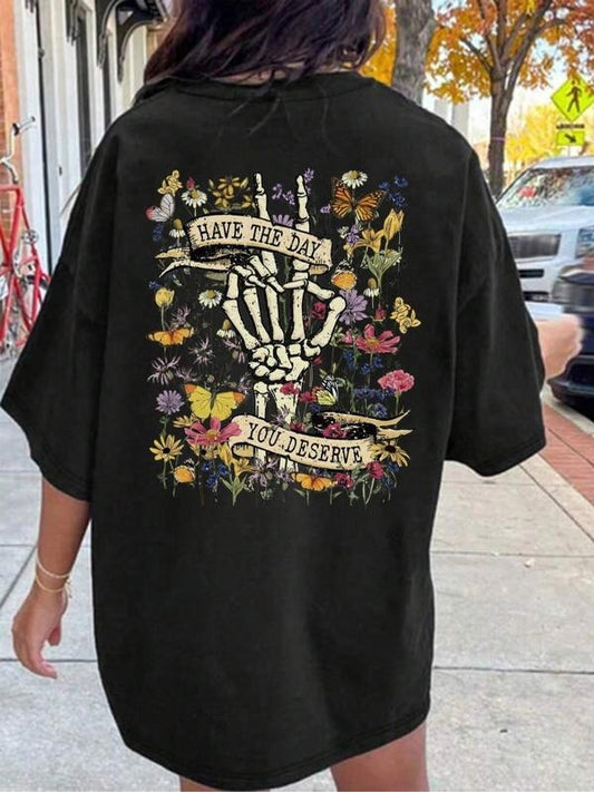 Women's Skeleton & Floral Print Drop Shoulder Tee, Halloween Theme Casual Half Sleeve Round Neck T-shirt for Summer,...